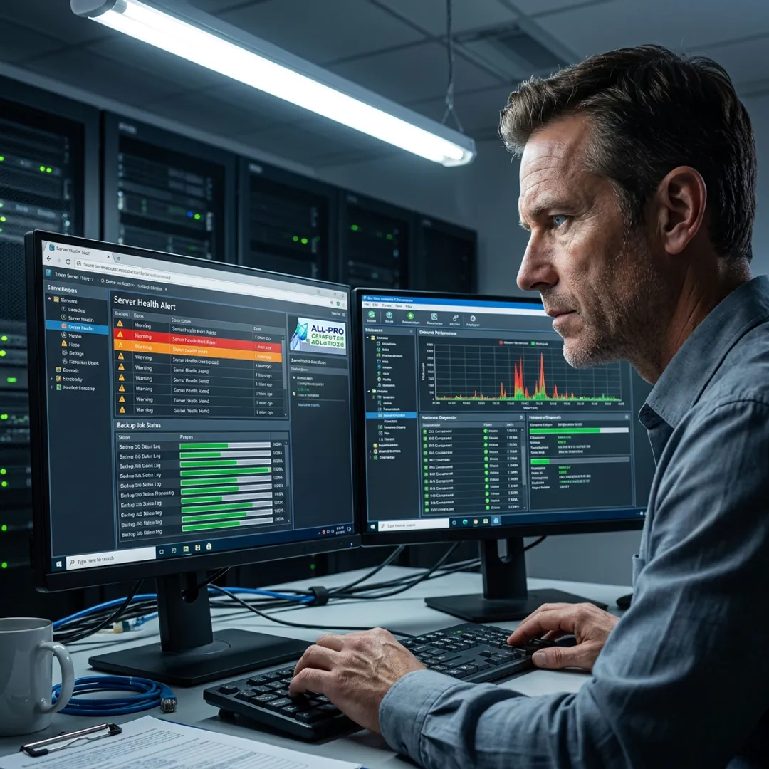 Technician checking server monitoring alerts