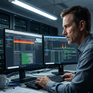 Technician checking server monitoring alerts