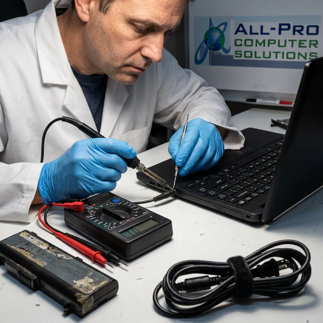 Technician repairing a laptop charging port