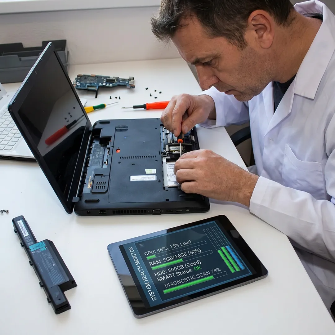 Technician repairing a laptop and tablet
