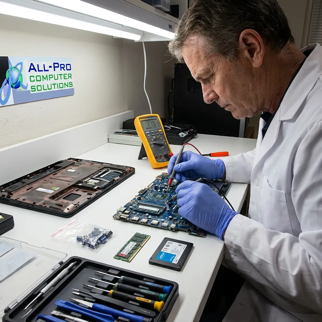 Computer technician diagnosing laptop hardware
