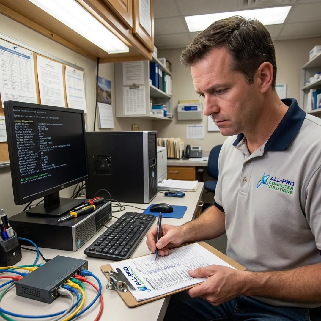 IT technician reviewing cybersecurity risk checklist for a healthcare office