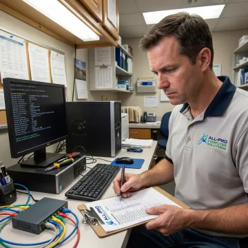 IT technician reviewing cybersecurity risk checklist for a healthcare office