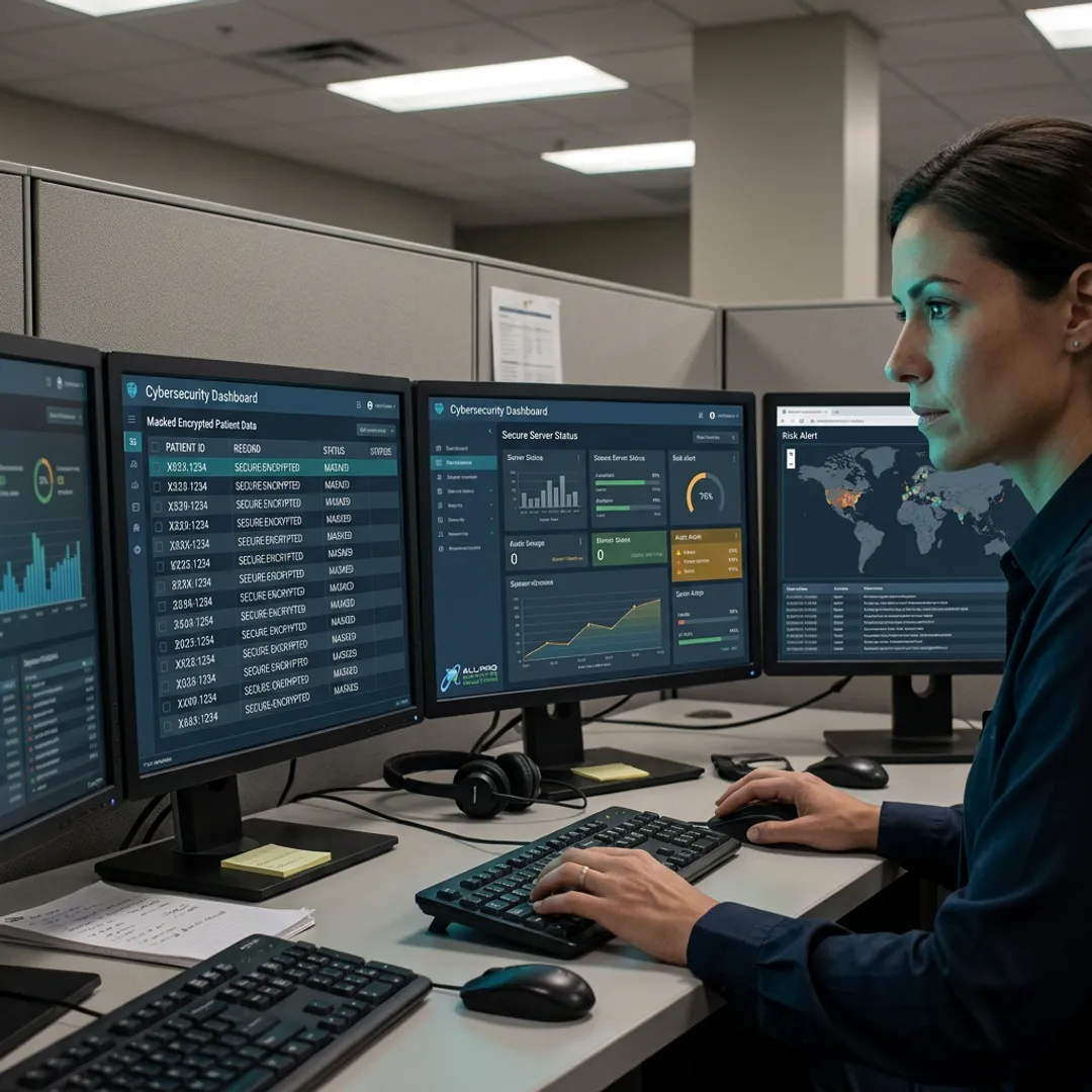 Healthcare cybersecurity specialist monitoring protected patient data systems