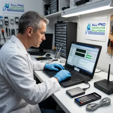 Technician testing a repaired computer