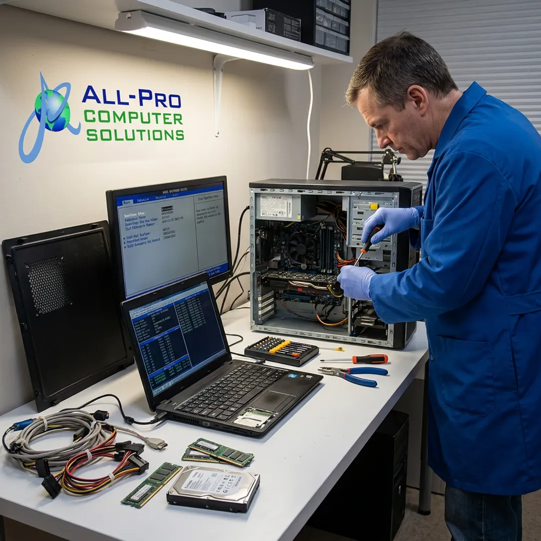 Technician repairing a laptop and desktop computer