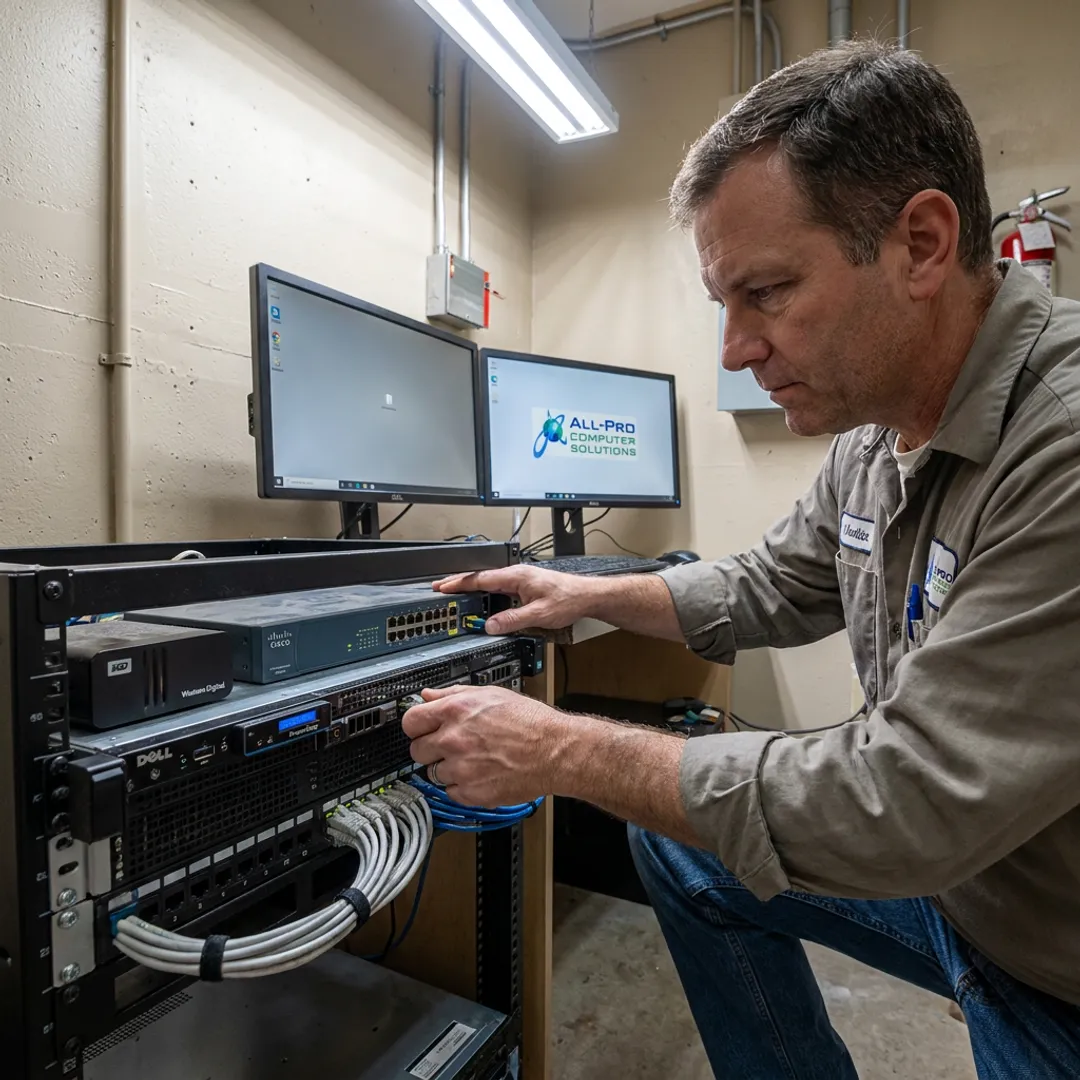 IT technician checking dental office network systems