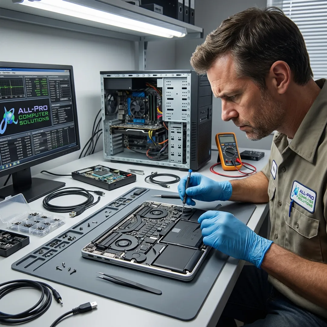Technician repairing a Mac and PC workstation