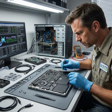Technician repairing a Mac and PC workstation