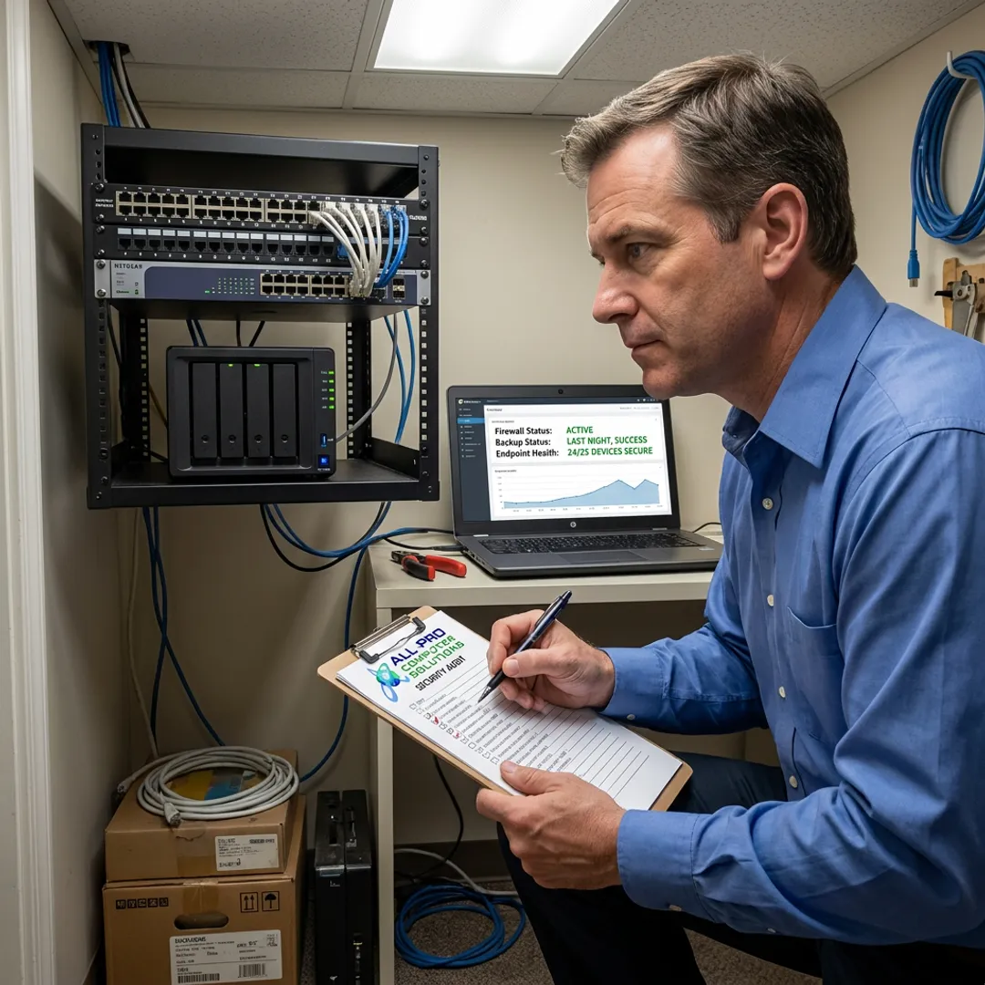 Technician conducting cybersecurity assessment