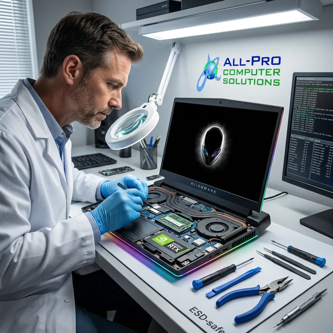 Technician repairing an Alienware laptop