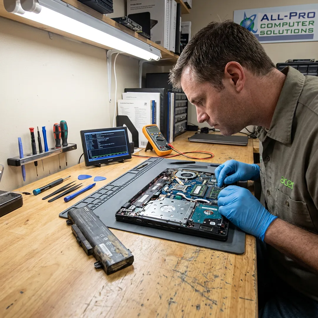 Technician repairing an open laptop