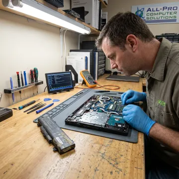 Technician repairing an open laptop