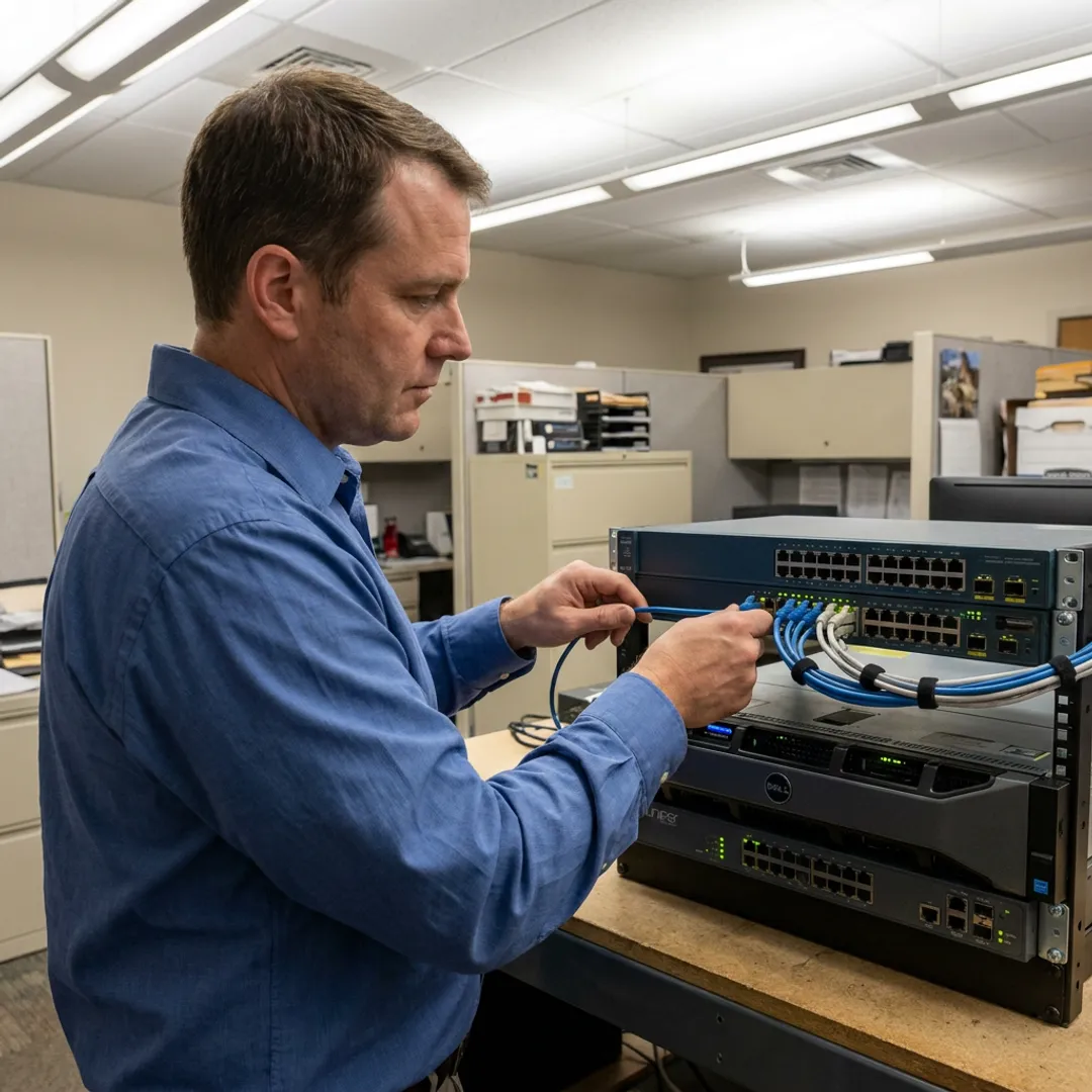Technician configuring business network infrastructure
