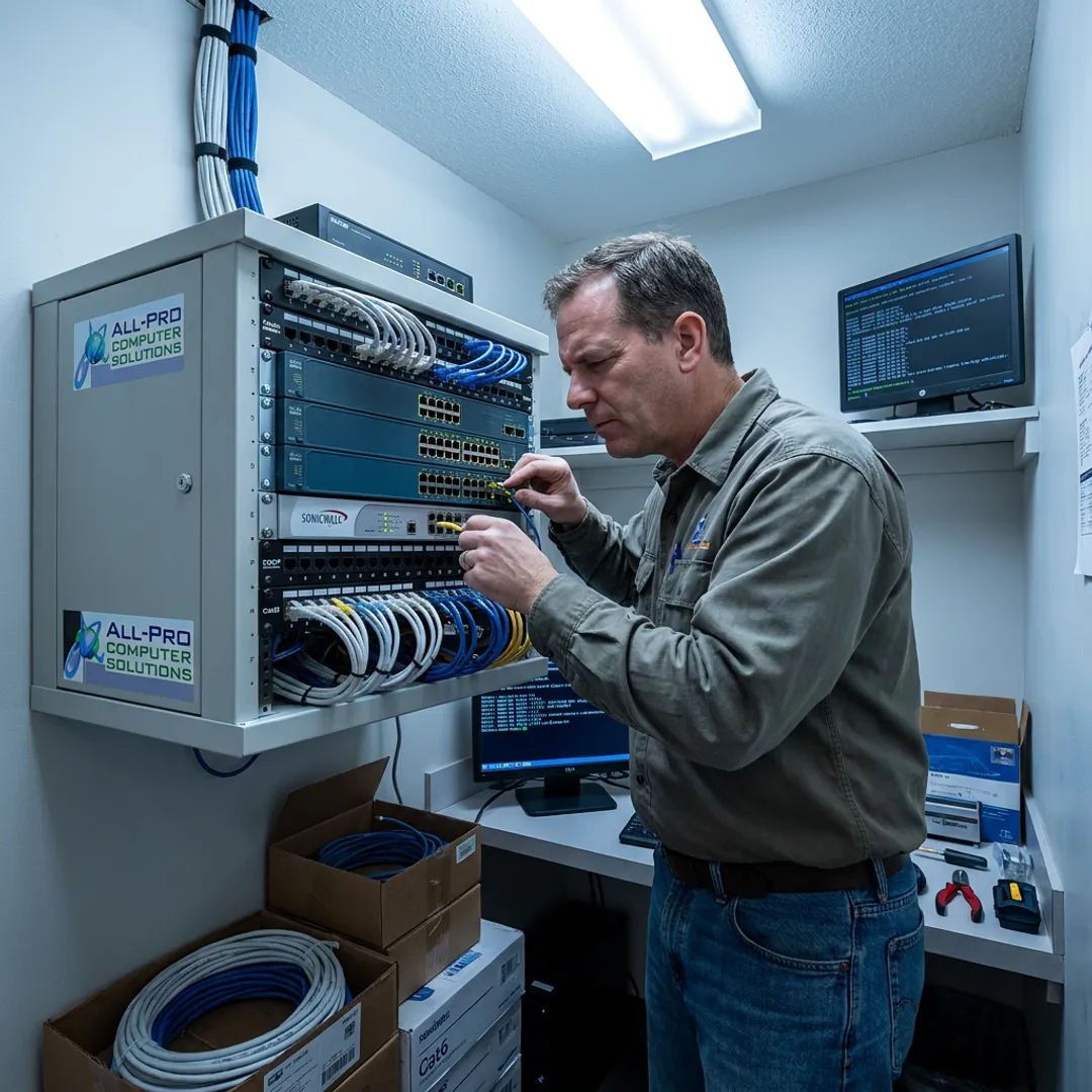 Technician managing business network equipment