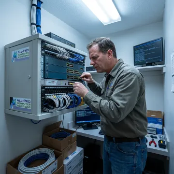 Technician managing business network equipment