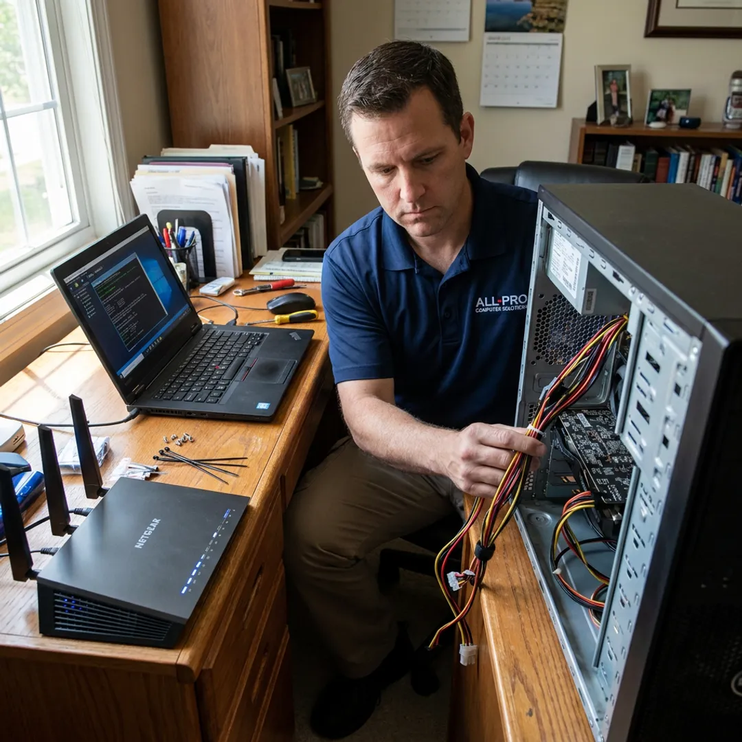 Technician diagnosing a home computer problem