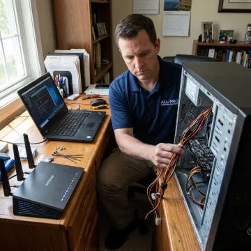 Technician diagnosing a home computer problem