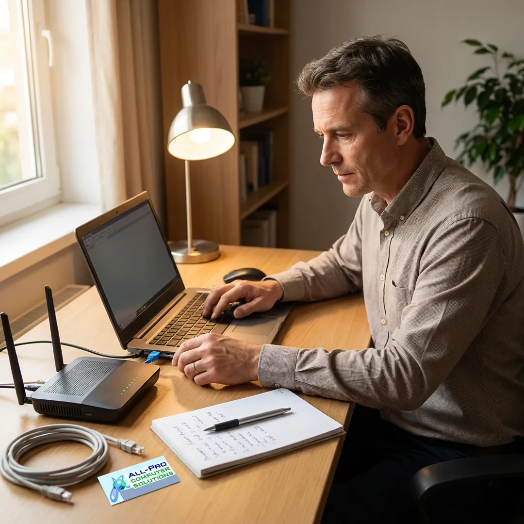 In-home IT technician helping with a laptop and Wi-Fi router