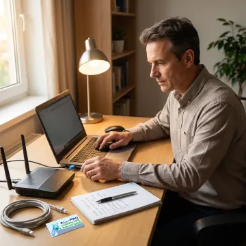 In-home IT technician helping with a laptop and Wi-Fi router