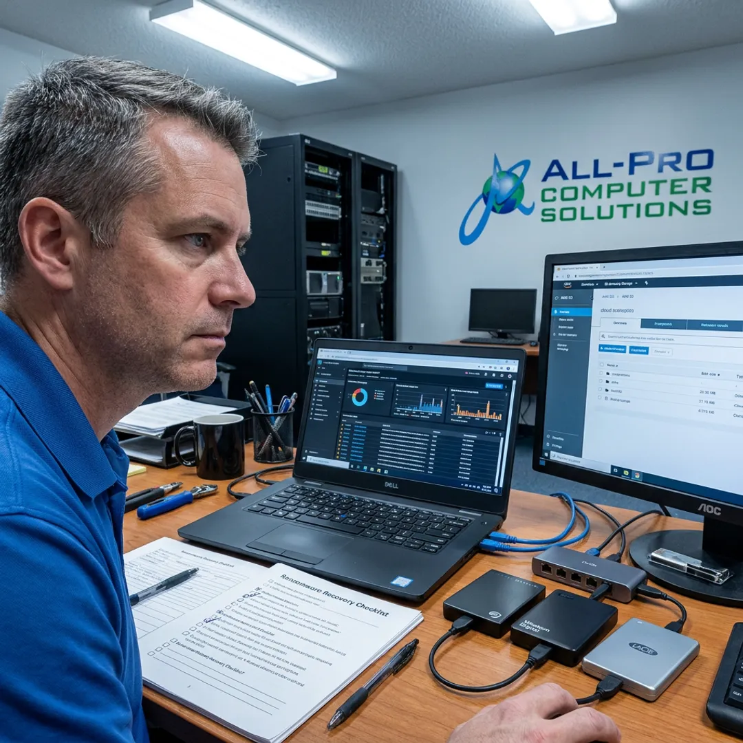 Technician reviewing cybersecurity and backup recovery plan