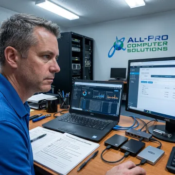 Technician reviewing cybersecurity and backup recovery plan