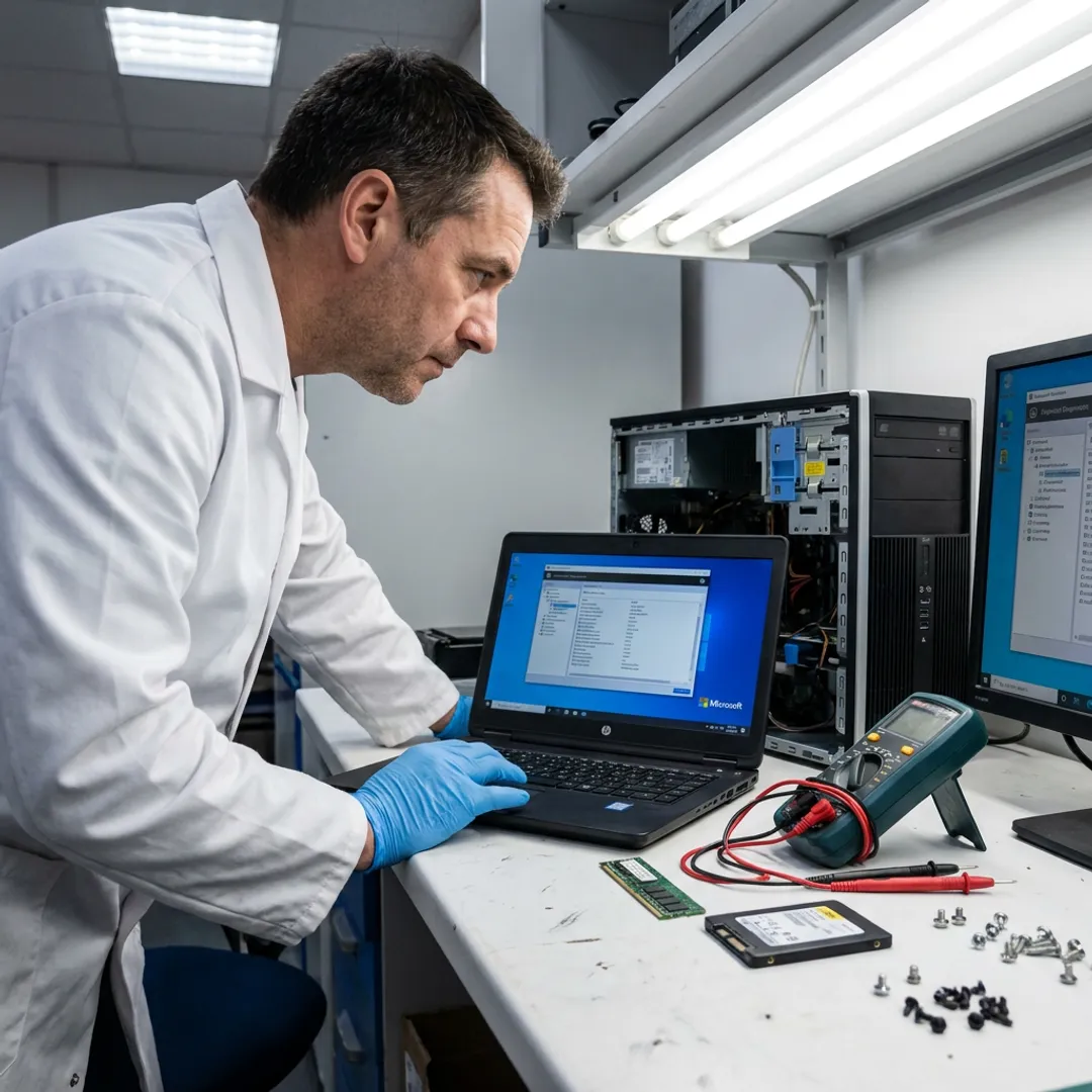 Computer technician testing a repaired laptop