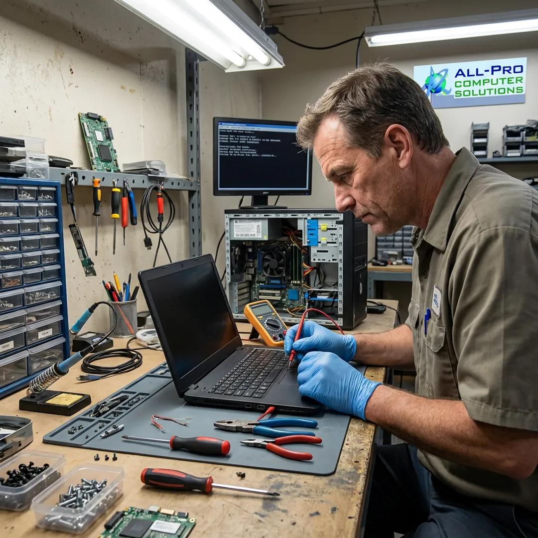 Technician repairing a laptop and desktop computer