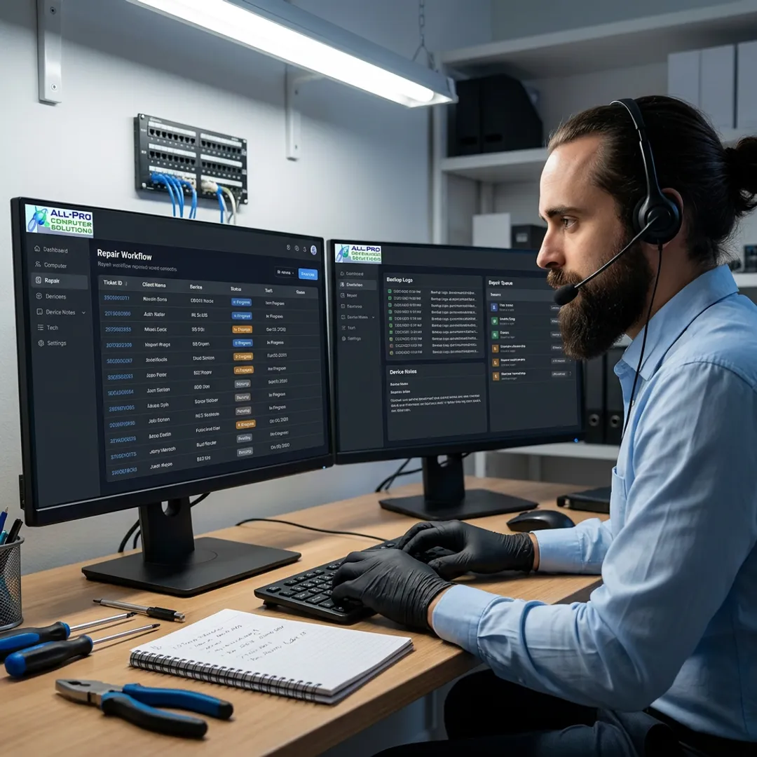 Technician reviewing repair workflow software