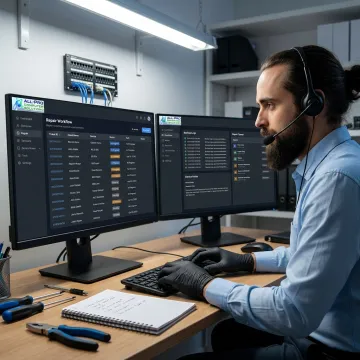 Technician reviewing repair workflow software