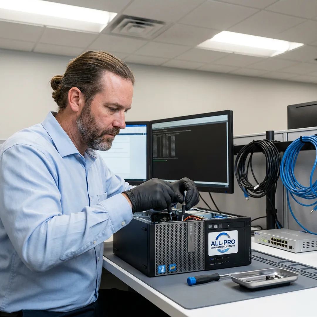 Business computer repair technician servicing office workstation