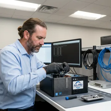 Business computer repair technician servicing office workstation