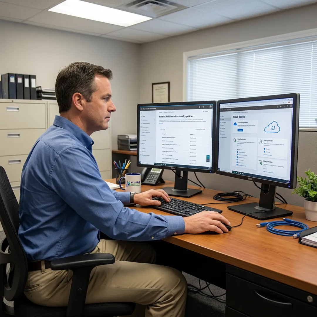 Technician configuring Microsoft 365 security tools