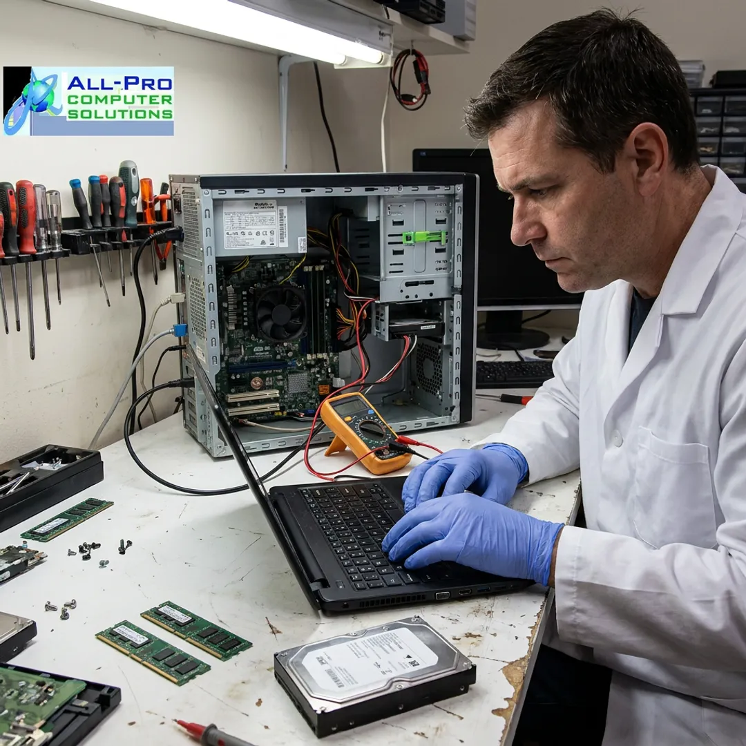 Technician repairing a laptop and desktop computer