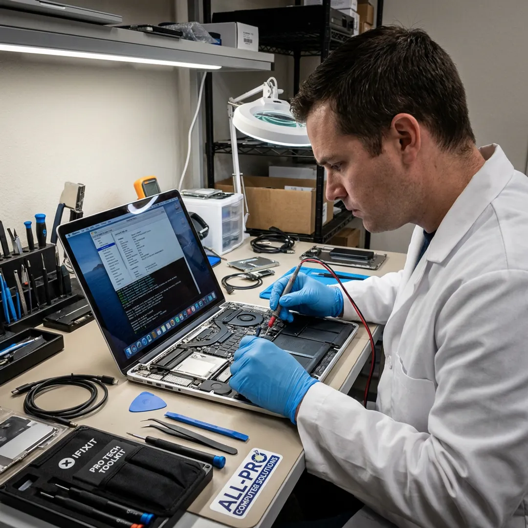 Technician repairing an Apple Mac computer