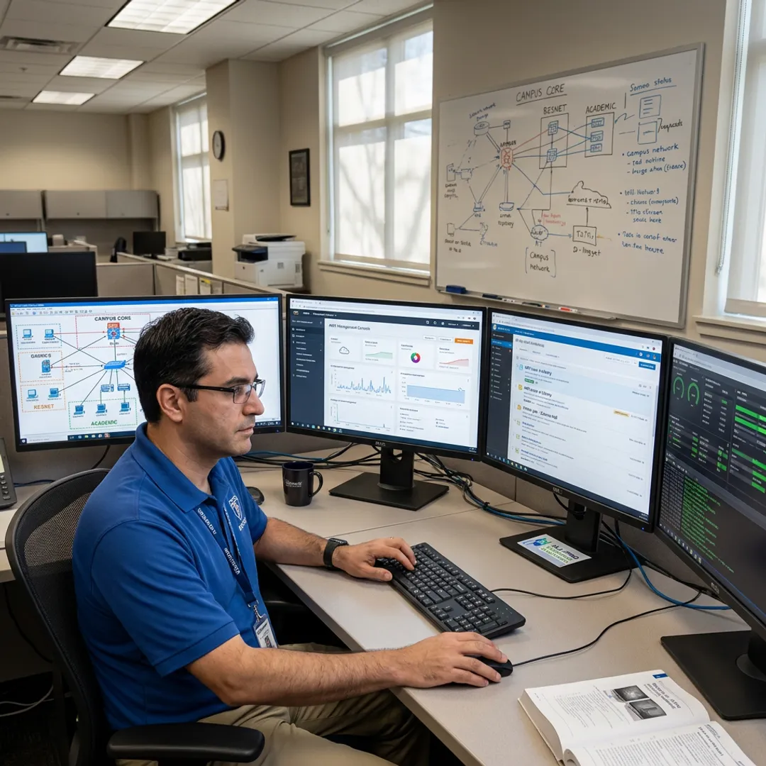Higher education IT support technician managing campus systems