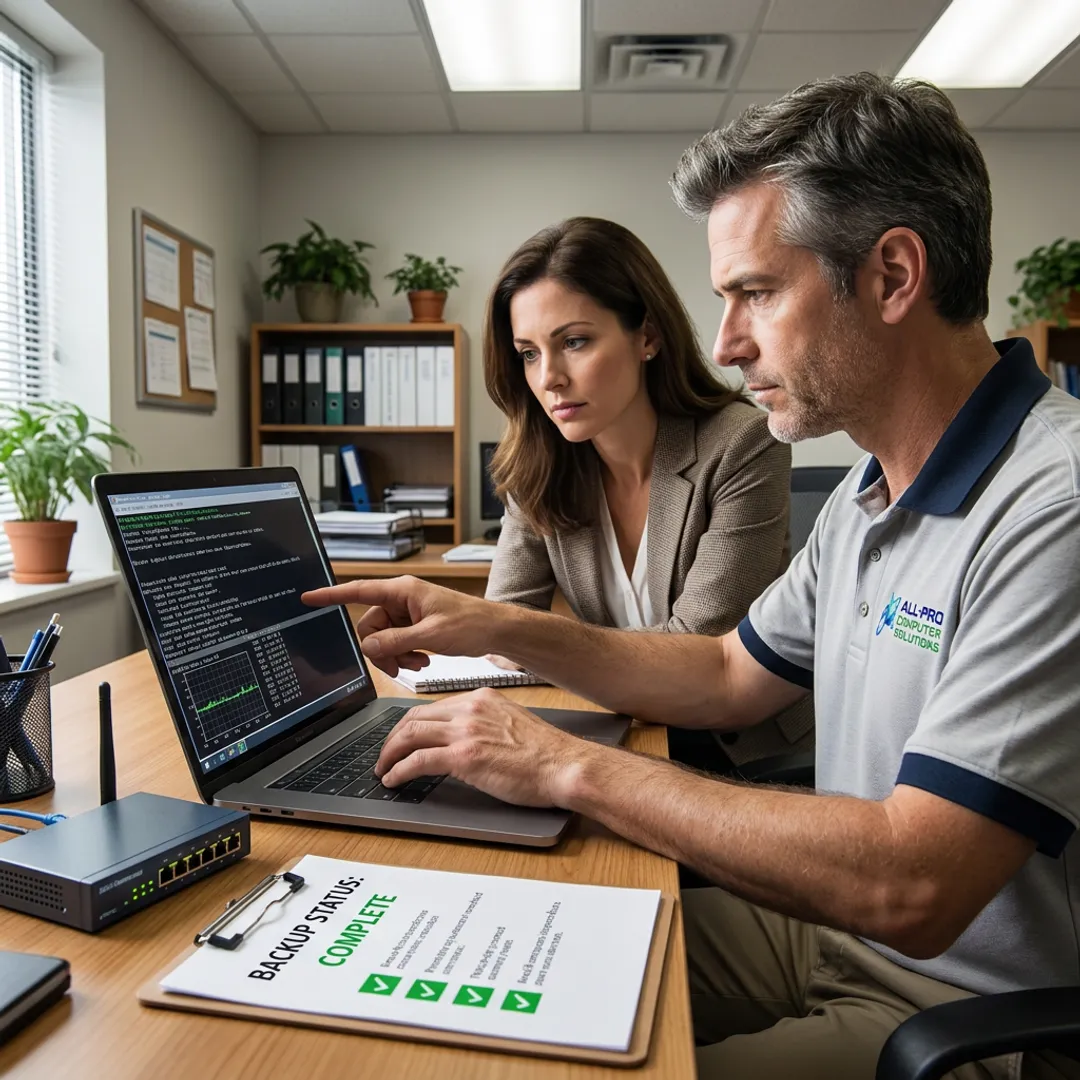IT technician reviewing diagnostics with business owner