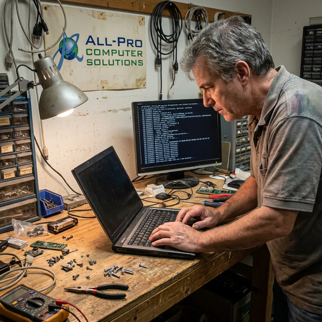 Technician repairing a laptop for local computer support