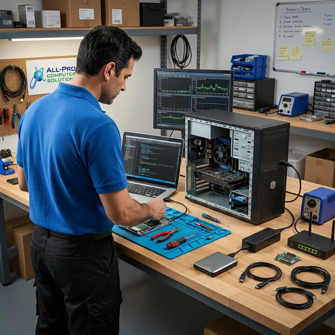 Computer repair technician performing diagnostics