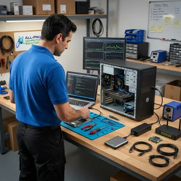 Computer repair technician performing diagnostics