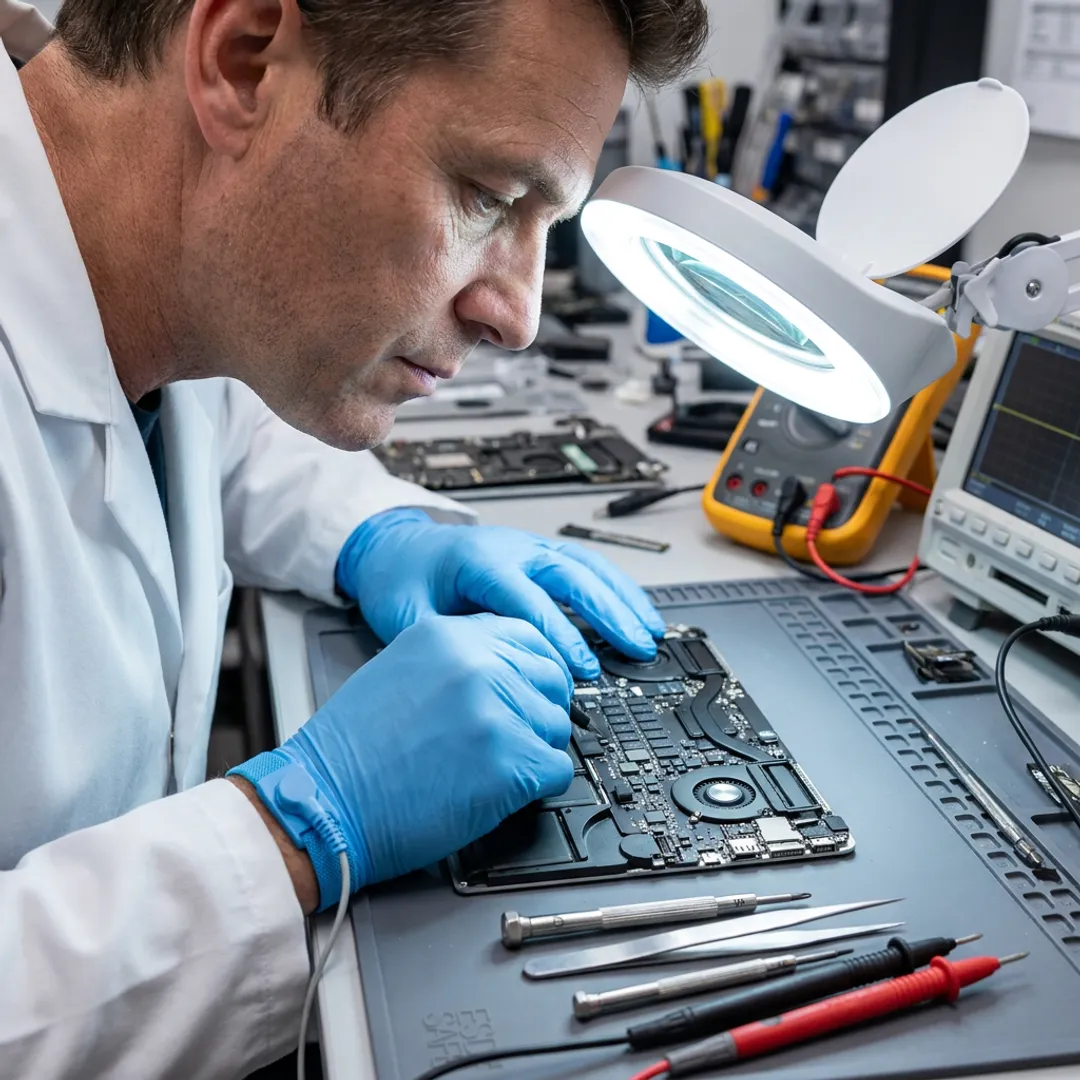 Technician repairing a MacBook Pro logic board
