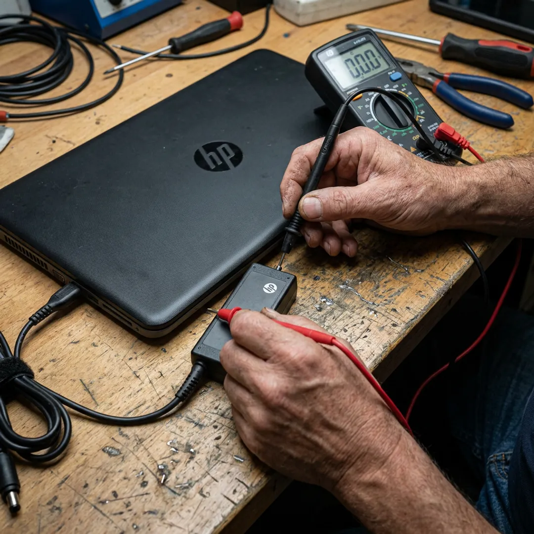 Technician testing HP laptop charging port