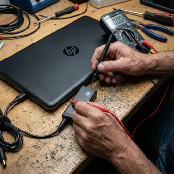 Technician testing HP laptop charging port