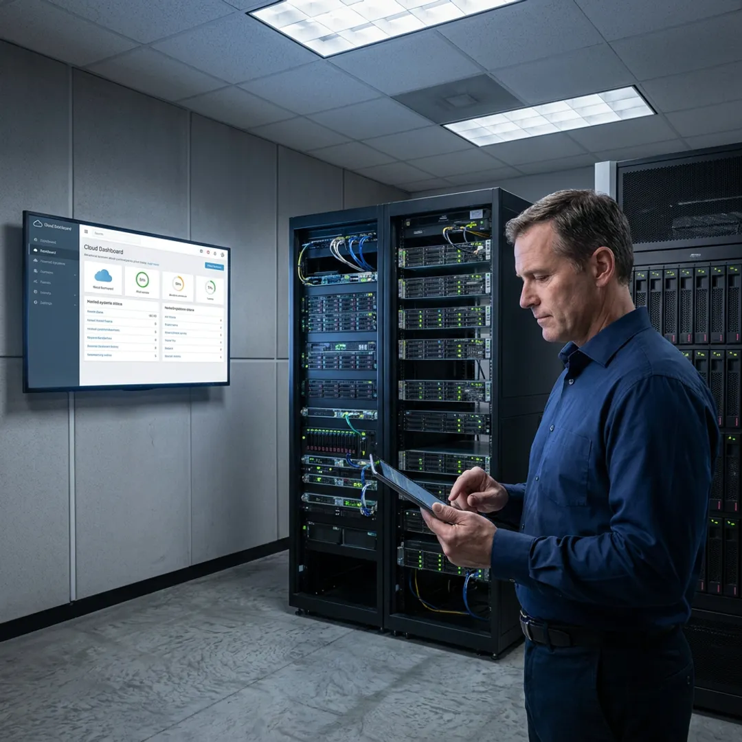 Managed server hosting technician monitoring business servers