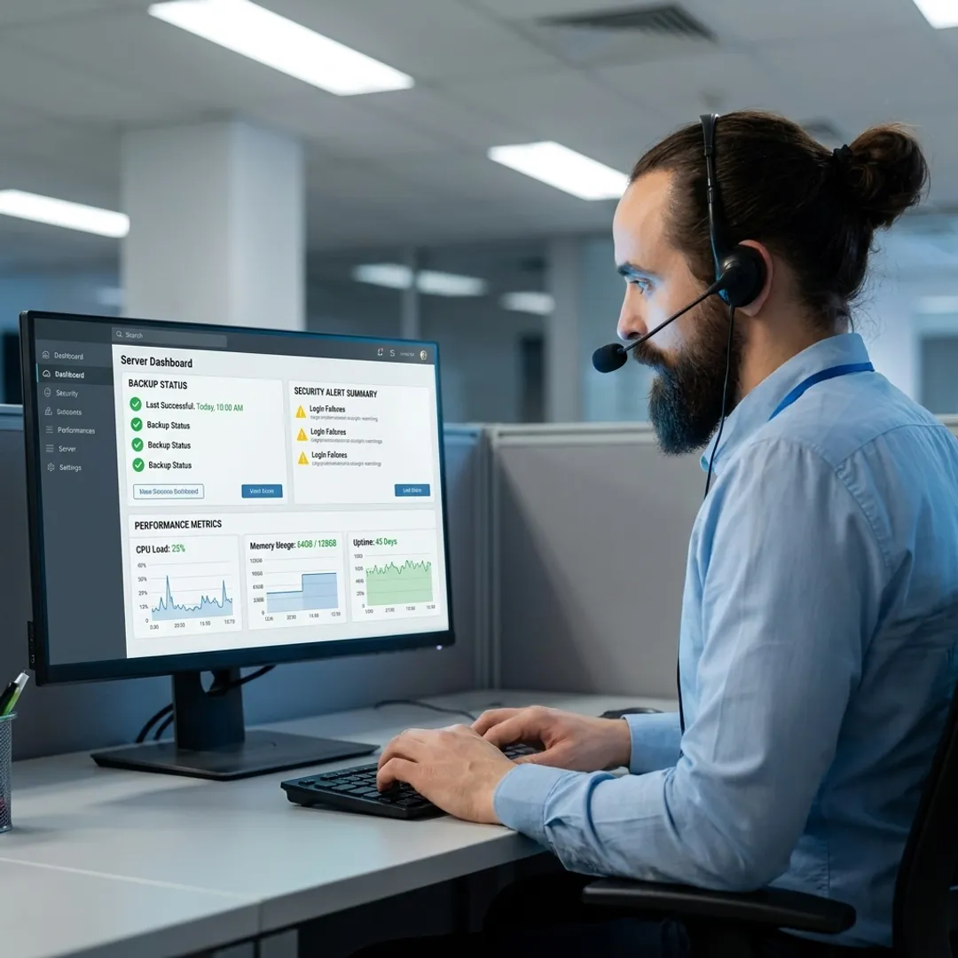 Technician reviewing server hosting monitoring dashboard