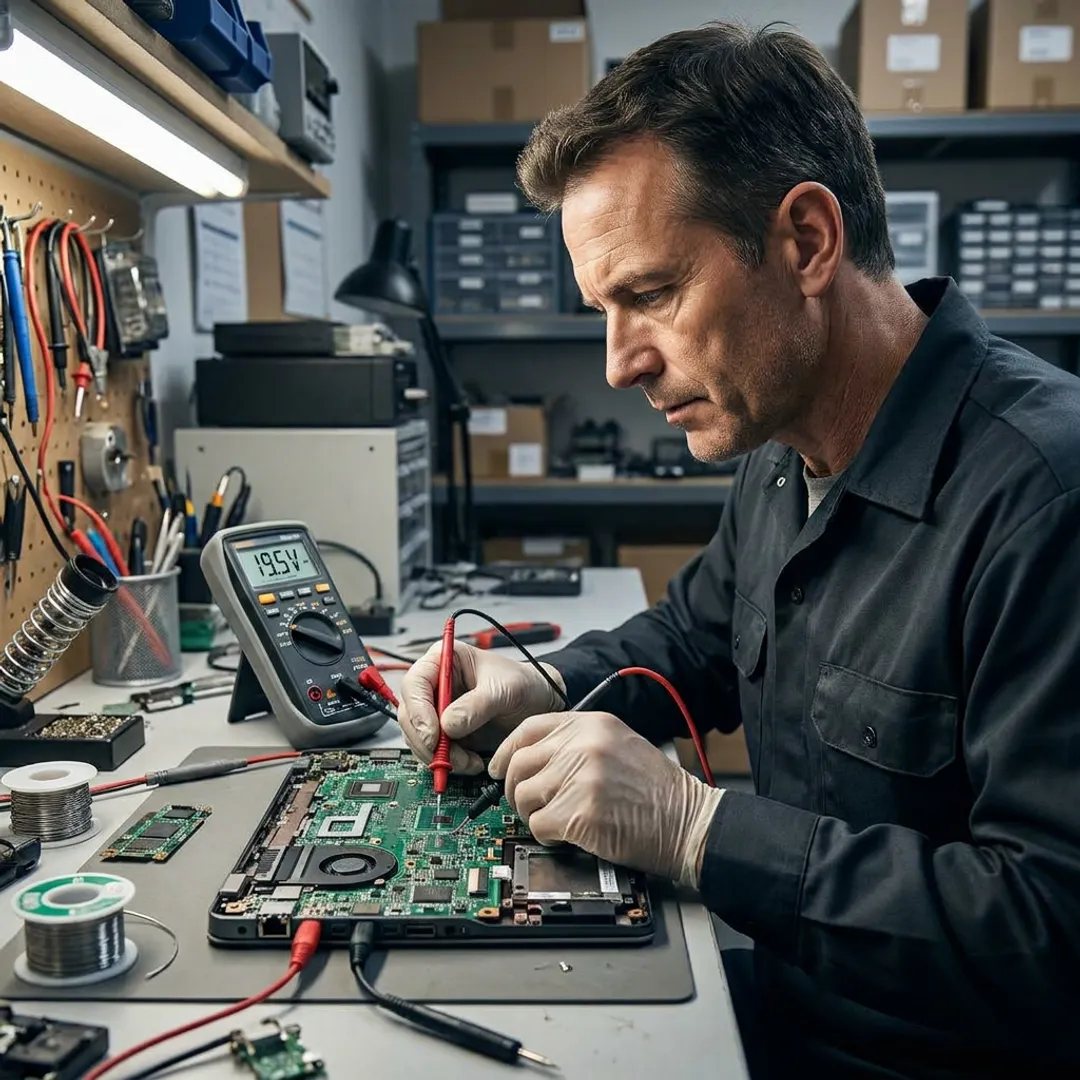 Technician testing laptop charging components
