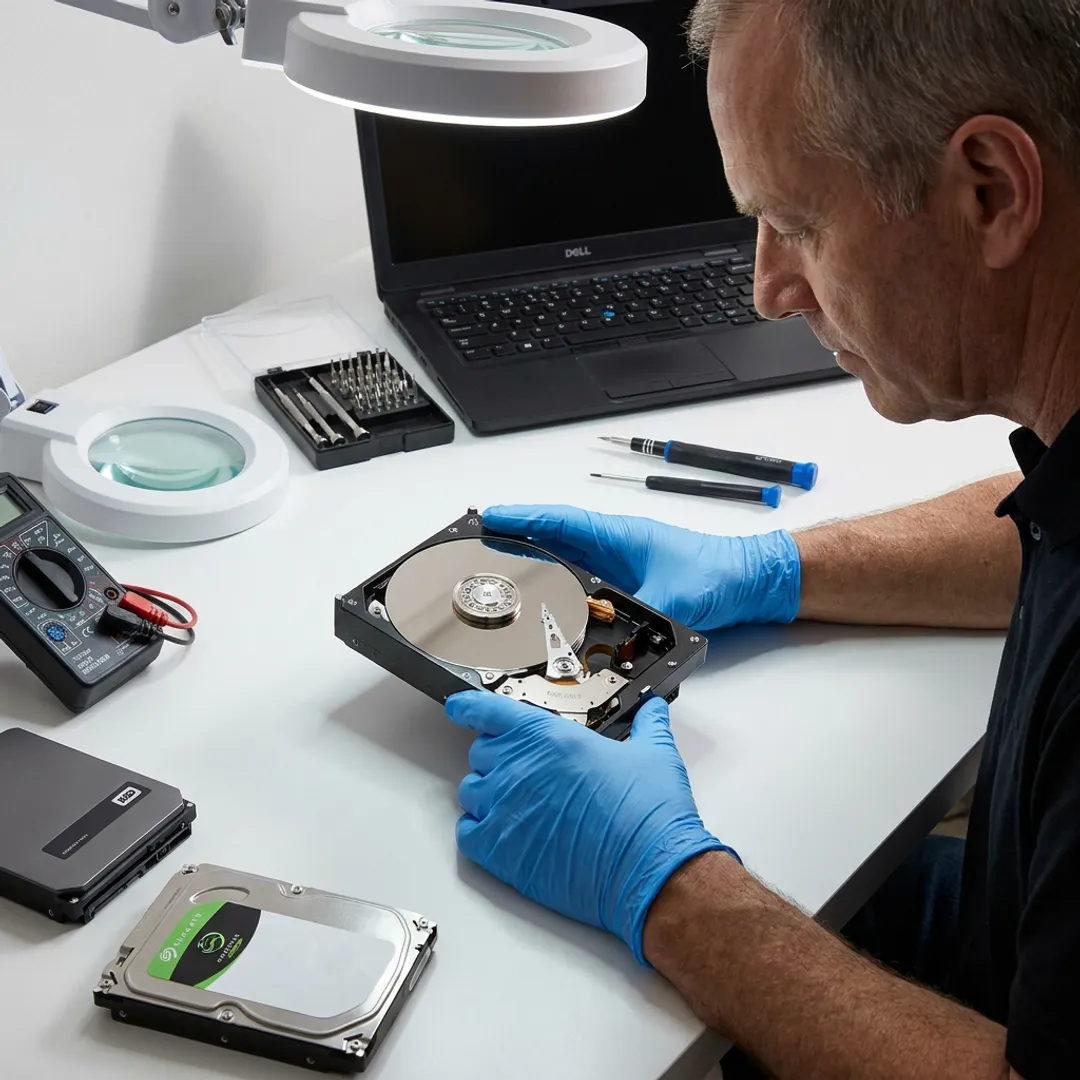 Technician recovering data from a hard disk