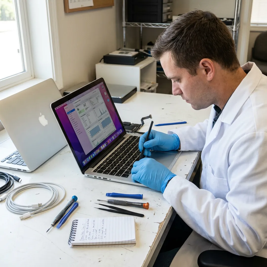 Technician diagnosing an Apple laptop