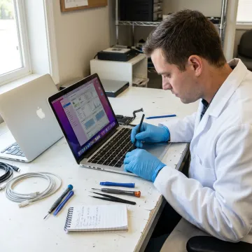 Technician diagnosing an Apple laptop