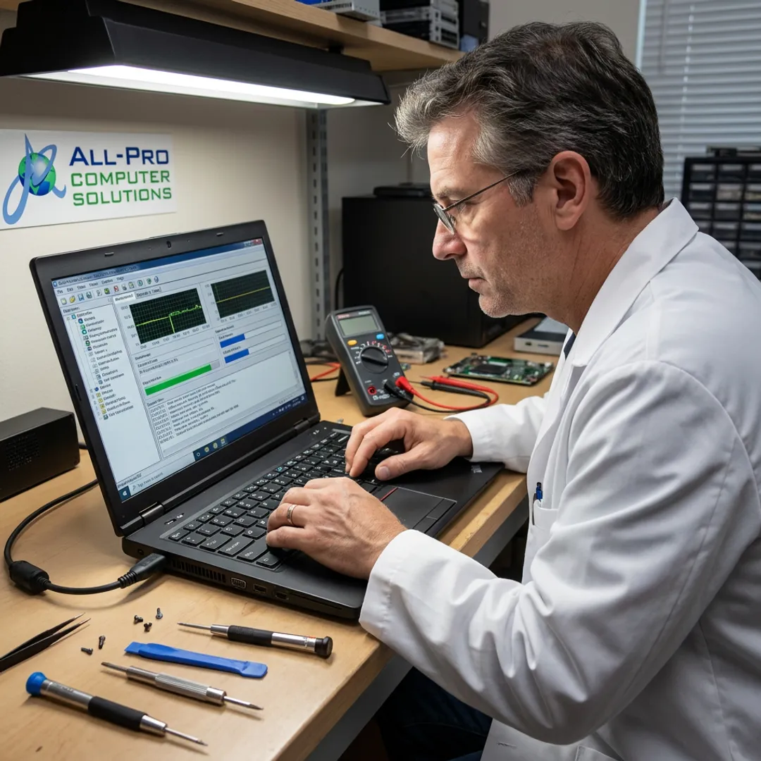 Computer technician testing a repaired laptop